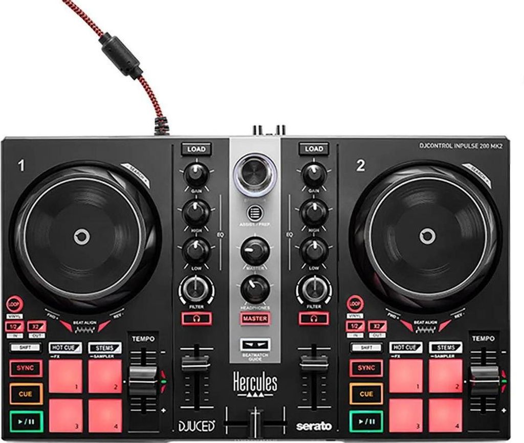 A top-down view of a Hercules DJ controller.