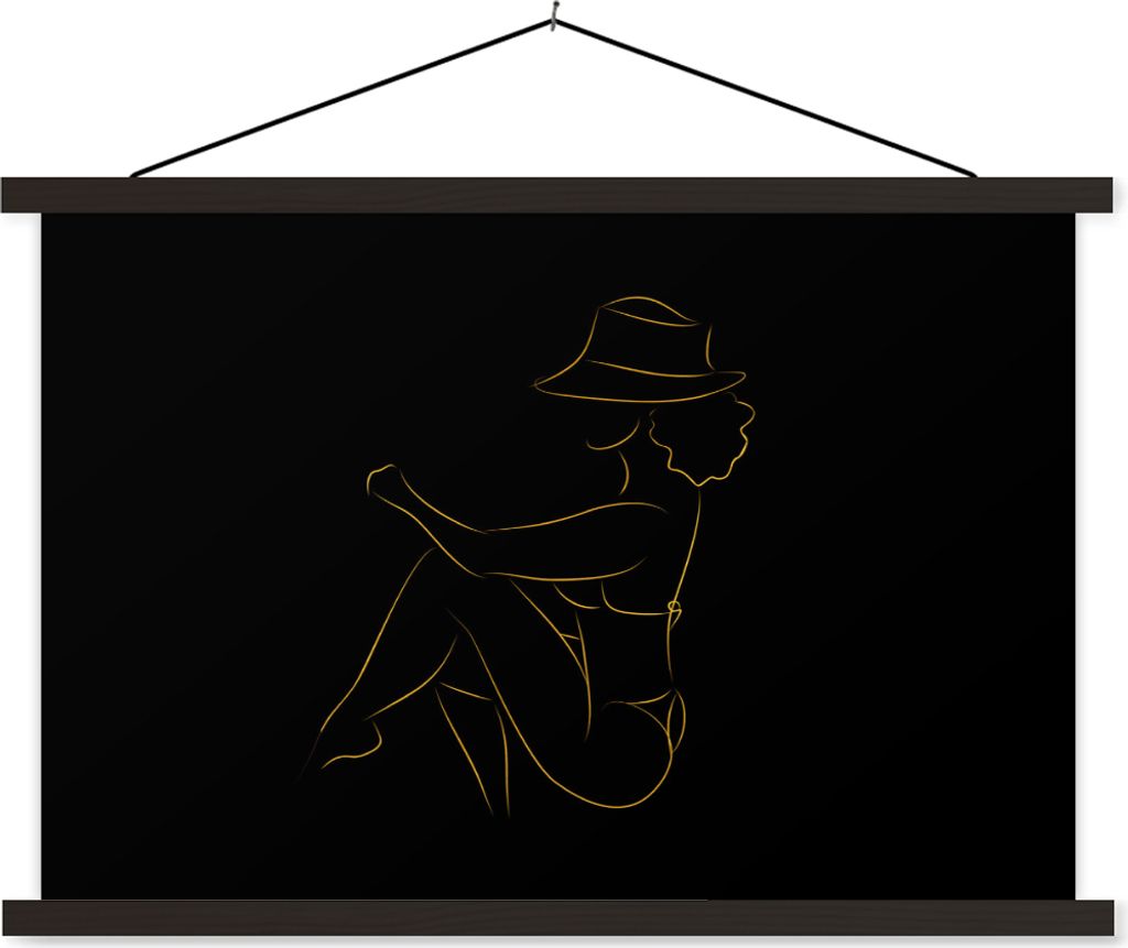 MuchoWow Textilposter Frau - Hut - Gold - Strichzeichnung 60x40 cm mit schwarzem Rahmen - Hölzernes