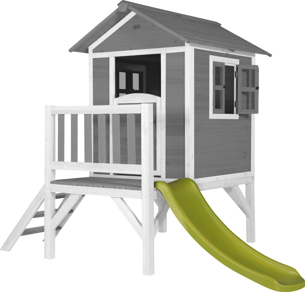 AXI Spielhaus Beach Lodge XL in Grau mit Rutsche in Hellgrün | Stelzenhaus aus Holz für Kinder | Kleiner Spielturm für den Garten