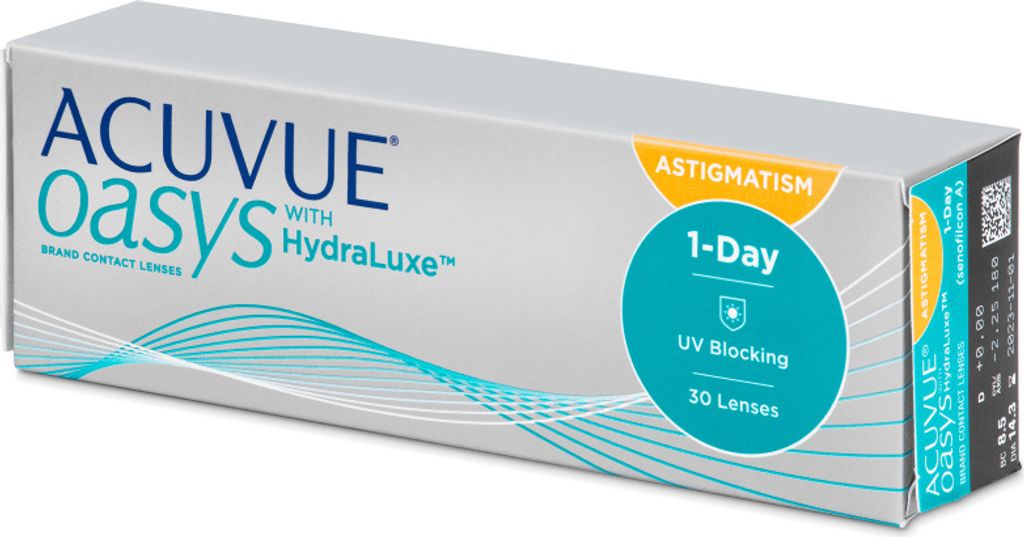 ACUVUE OASYS 1-Day with HydraLuxe for ASTIGMATISM - 30 daily lenses - Sph: -7.0, Cyl: -0.75, Ax: 80, BC: 8.5, D: 14.3