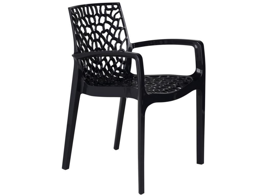A black plastic chair with an open, web-like backrest and armrests, shown on a white background.