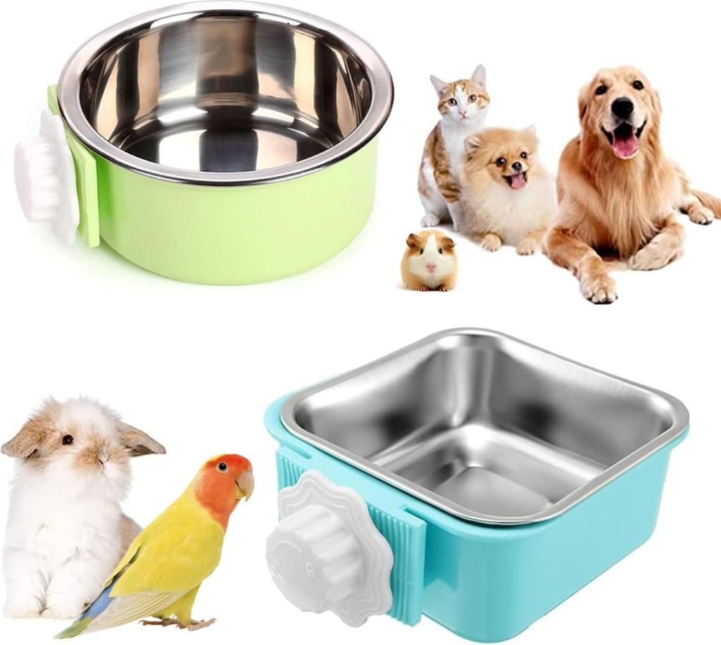 Kleine Tiere Futterset - Ratten - Kaninchen - Katze - Hund - 2 Edelstahl Hängende Futterbehälter für Käfig - Abnehmbarer Wassernapf für Hamste...