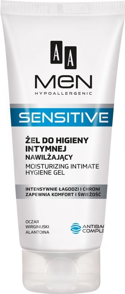 A white tube of AA Men Sensitive Moisturizing Intimate Hygiene Gel.