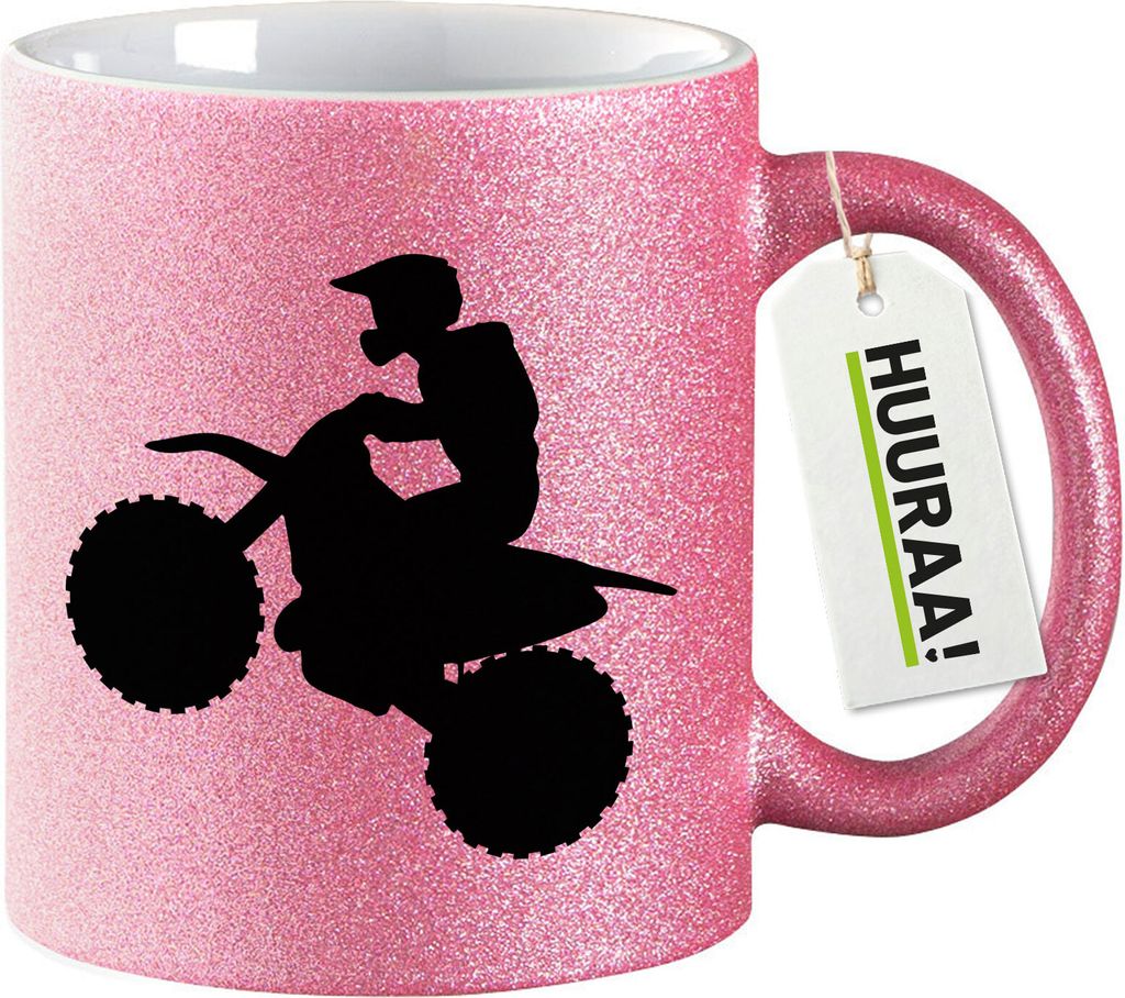 Huuraa Glitzertasse Motocross Silhouette 330ml Pink Keramik Kaffeebecher Geschenkidee