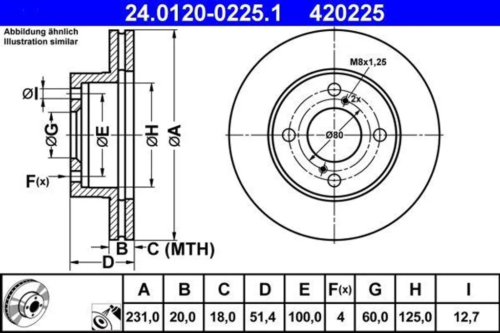 Disque de frein avant plein ATE compatible avec Nissan Pixo 1.0
