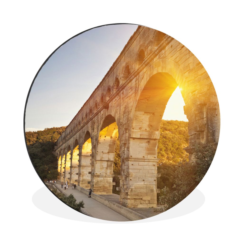 MuchoWow Aluminium Wandkreis Die Sonne scheint durch den Pont du Gard in Frankreich Ø 60 cm Wanddeko Modern Wohnzimmer - Wand Kreis - Wandbild -...