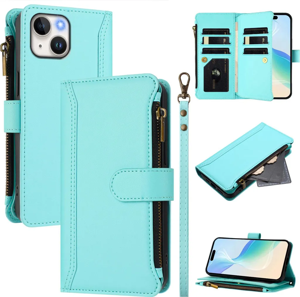 Custodia iPhone 15 con Tasche e Zip | Wallet Case Verde Menta