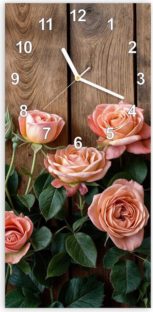 Wanduhr aus Glas mit Motiv Rosen Holzhintergrund- 30 x 60 cm - inkl. Aufhängesystem