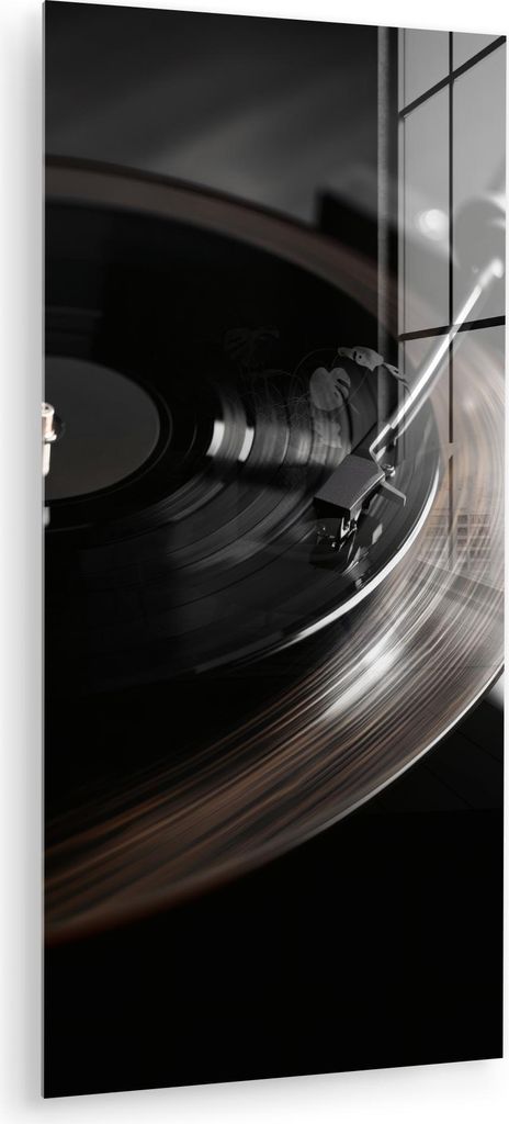 MuchoWow Glasbilder - Bilder auf Wandbild - Foto auf Glas Nahaufnahme - Vinyl-Schallplattenspieler - Schwarz 40x80 cm Wanddekoration aus Glas - Acr...