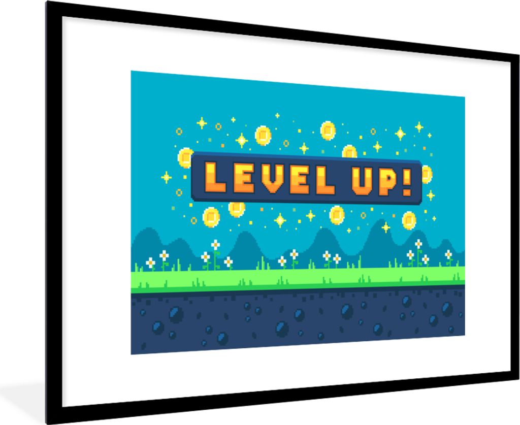 MuchoWow Gerahmtes Poster Spiele - Landschaft - Pixelart 90x60 cm - Poster mit Schwarzem Bilderrahmen Wandposter Rahmen Foto Bilder - Wanddekorat...