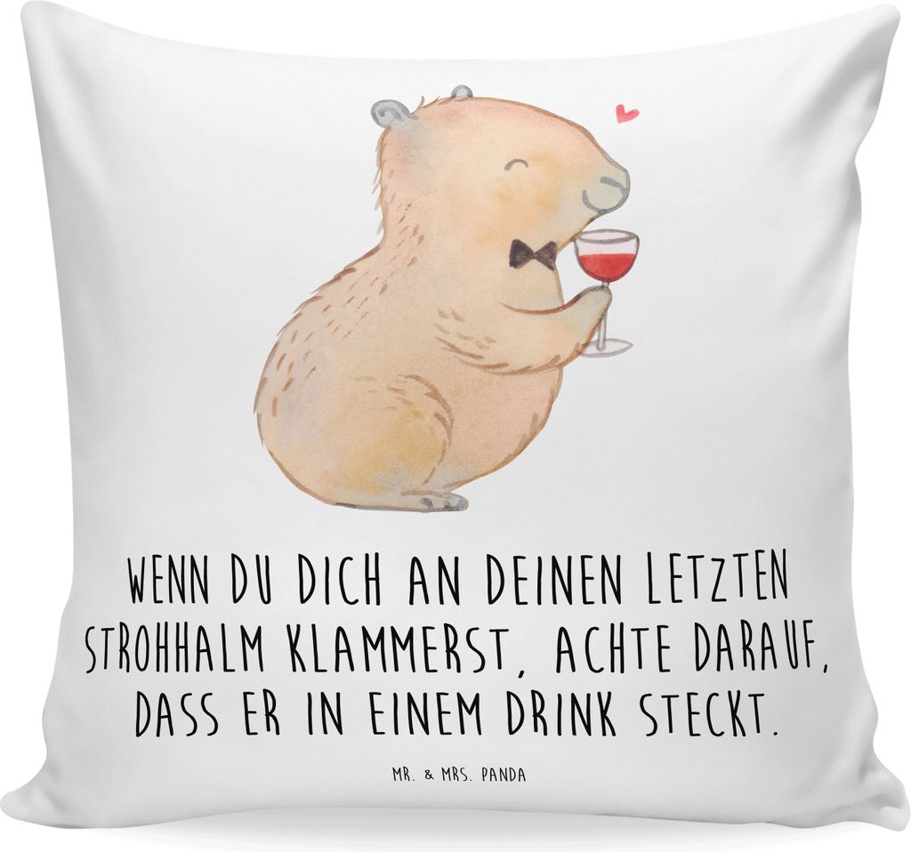 Mr. & Mrs. Panda kissen bedruckt Capybara Wein - Weiß - Geschenk, Handzeichnung, für sofa, Weinflasche, Liebe Zum Spruch, Weinliebhaber, 40x40, S...