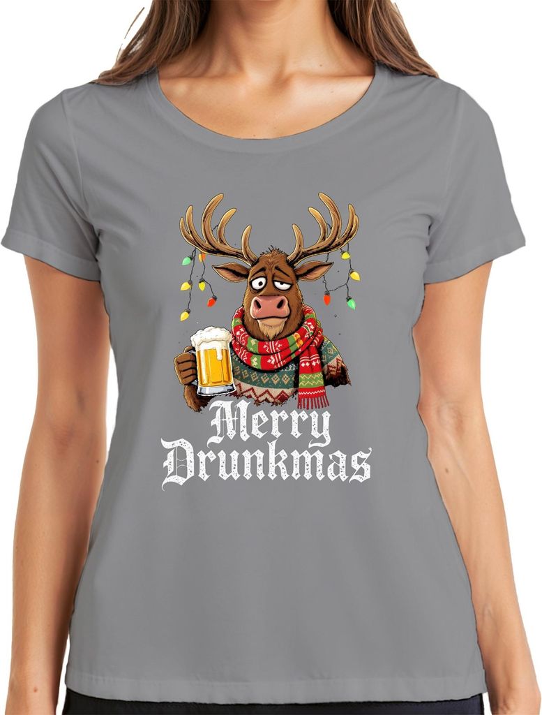 Merry Drunkmas Rentier Bierkrug Weihnachten lustig Geschenk Schal Damen T-Shirt, Grau, 3XL
