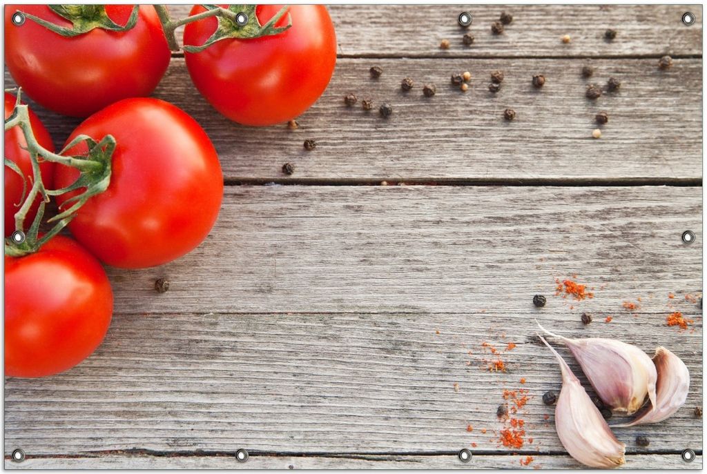 Wallario Outdoor-Poster für Garten oder Balkon, Motiv Tomaten und Gewürze auf altem Holztisch, in ca. 100 x 150 cm