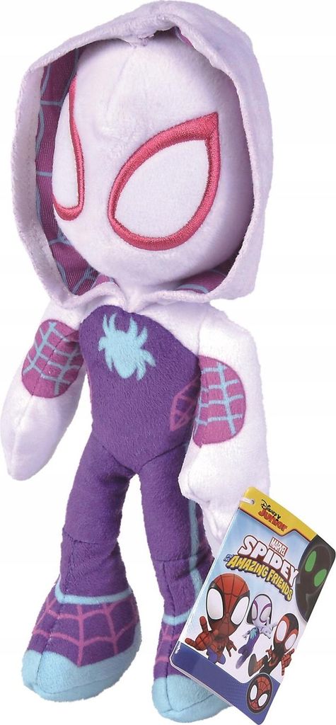 A plush toy of Ghost-Spider from Marvel's Spidey and His Amazing Friends, standing upright with a small informational tag attached.