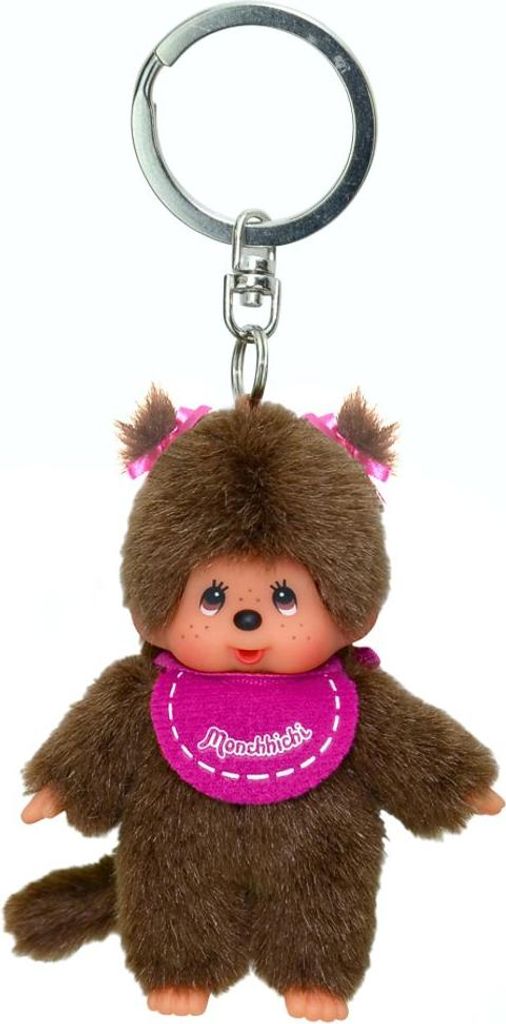 A Monchhichi keychain with a pink bib, shown against a white background.