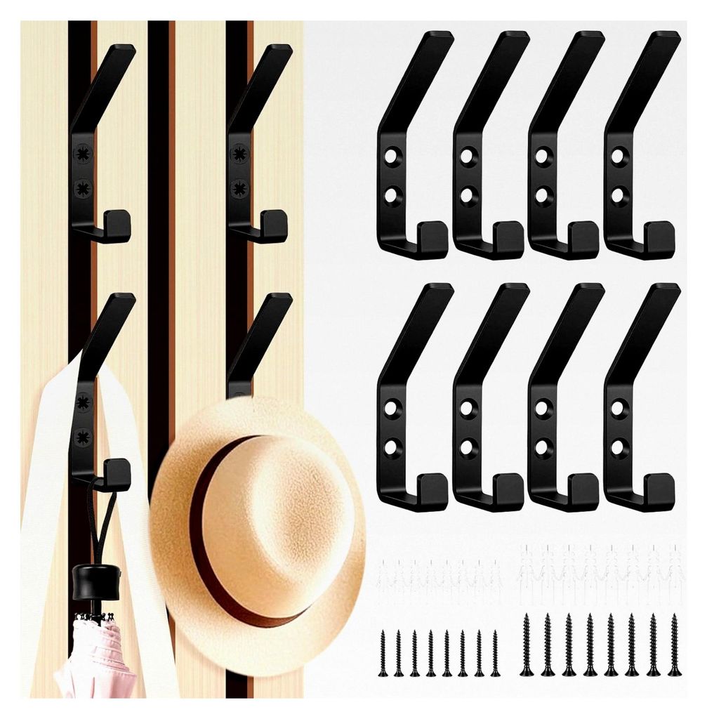 Haken für Akustikpaneele - 8 Stück Doppelter Garderobenhaken Schwarz mit 3 cm und 4 cm Schrauben für Akustikpaneele, Badezimmer, Schlafzimmer, W...