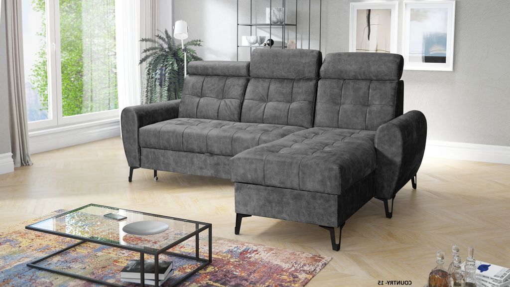 Ecksofa LAVAX auf Beinen mit Kopfstützen und Schlaffunktion, L-Form, rechts, Graphitgrau