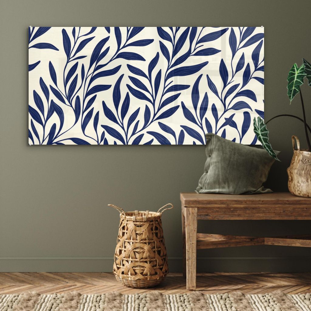 MuchoWow Glasbilder - Bilder auf Wandbild - Foto auf Glas Blätter - Efeu - Dunkelblau 120x60 cm Wanddekoration aus Glas - Acrylglasbild - Acrylbil...