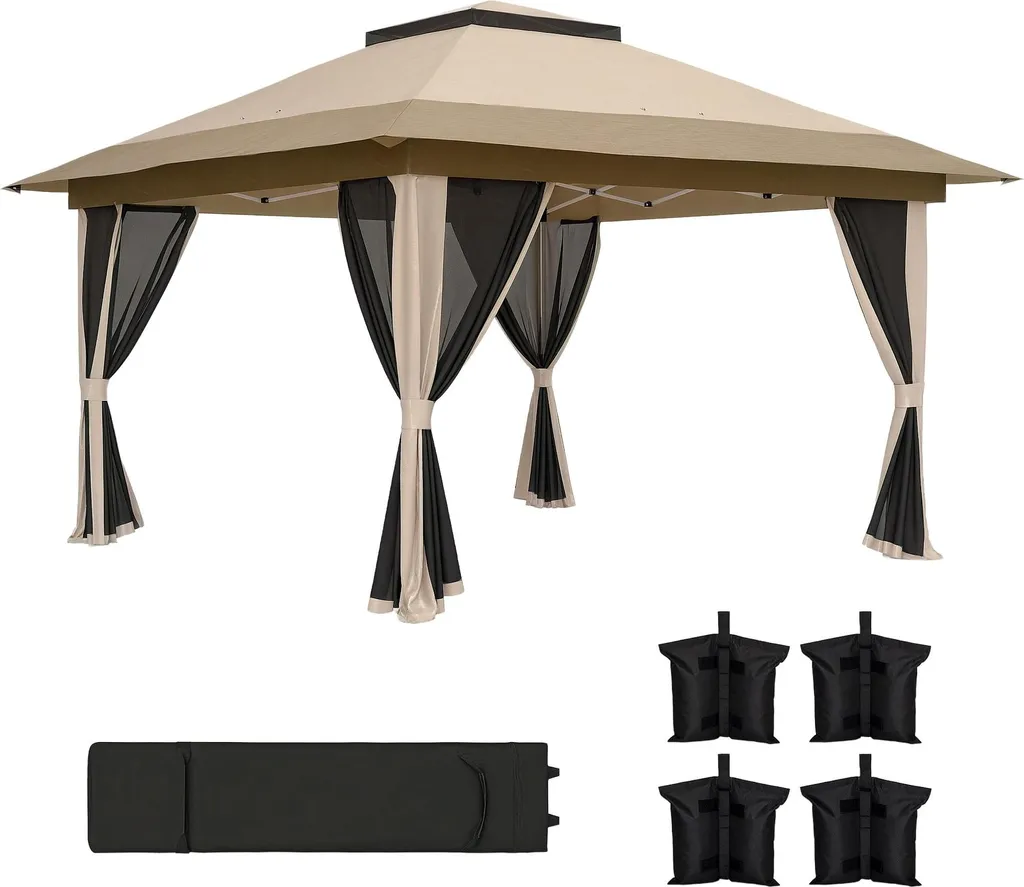 Tente pliante beige 356 x 356 cm avec surface modulable de 10 à 25 m²