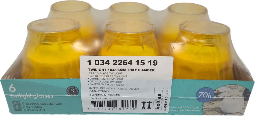 6x Bolsius Windlicht Twilight Kerze Outdoor gelb Bernstein Glaswindlicht Gartenlicht