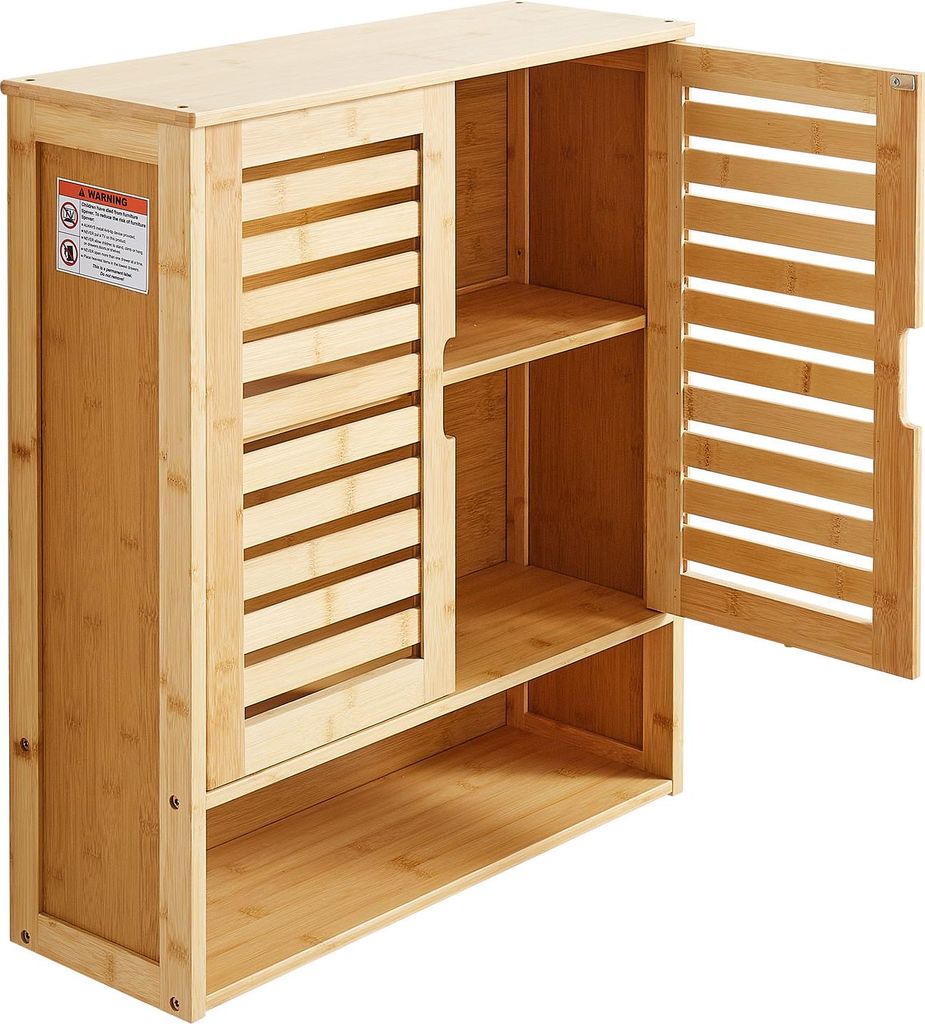 A wooden cabinet with slatted doors and open shelves.