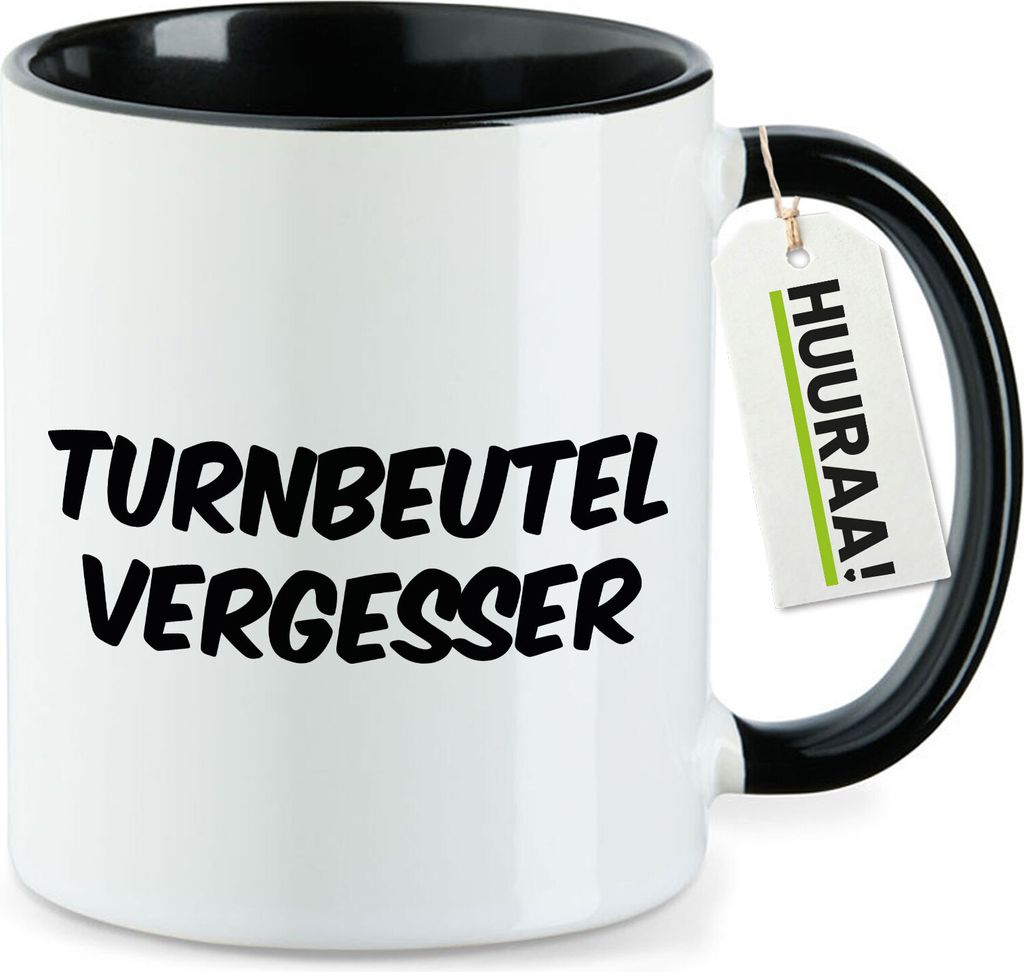 Huuraa Kaffeetasse Turnbeutelvergesser Schriftzug 330ml Schwarz Keramik Kaffeebecher Geschenkidee