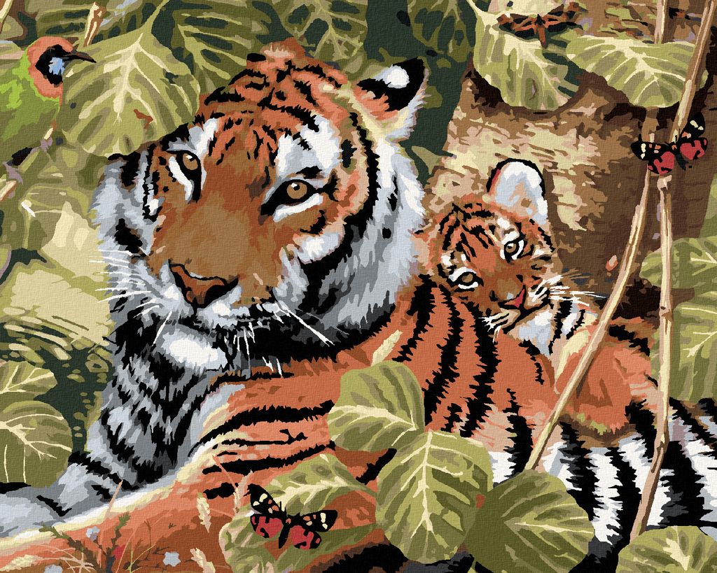 Zuty - Malen nach Zahlen - TIGER UND JUNGTIER ZWISCHEN BLÄTTERN (HOWARD ROBINSON), 40x50 cm, mit Keilrahmen (bereits gespannt)