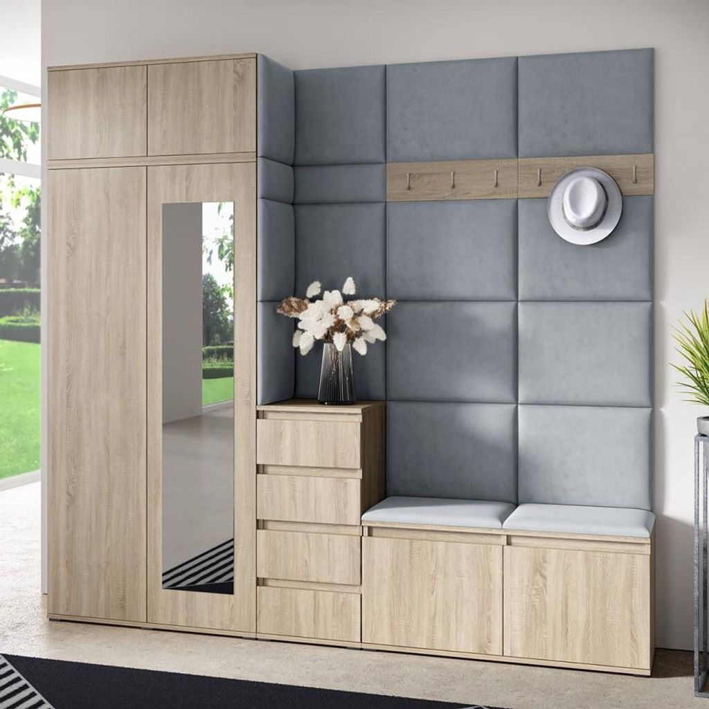 Garderoben-Set BERLIN – Kleiderschrank mit Polsterplatten, Schuhschrank und Schrankaufsatz, für Flur und Eingangsbereich (Sonoma Eiche, Trinity 14)