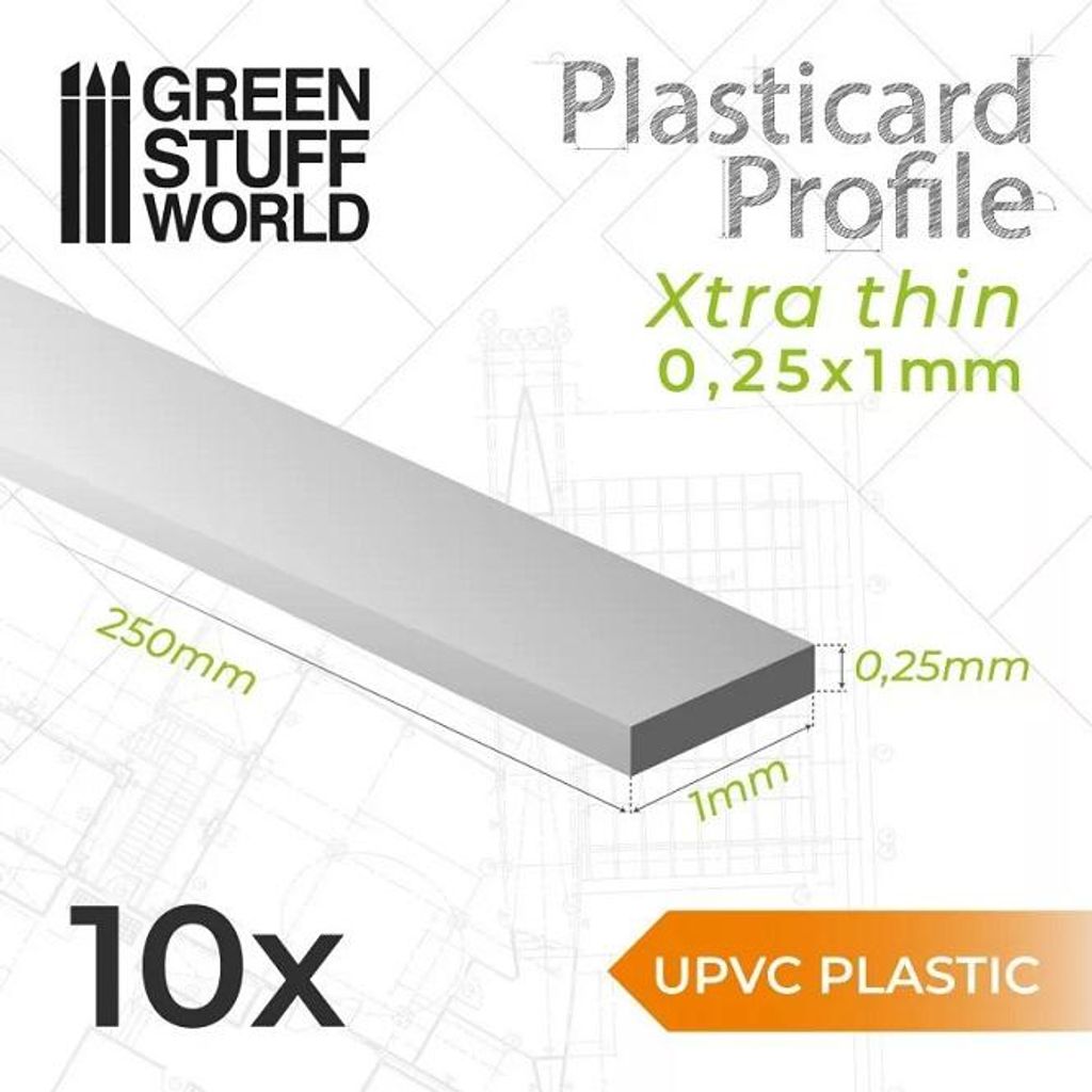 Green Stuff World GSW10823 - uPVC Plasticard - Profile Xtra-thin 0.25mm x 1mm