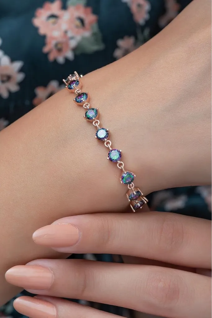 Bracelet de soirée en argent rose et topazes mystiques pour mariage