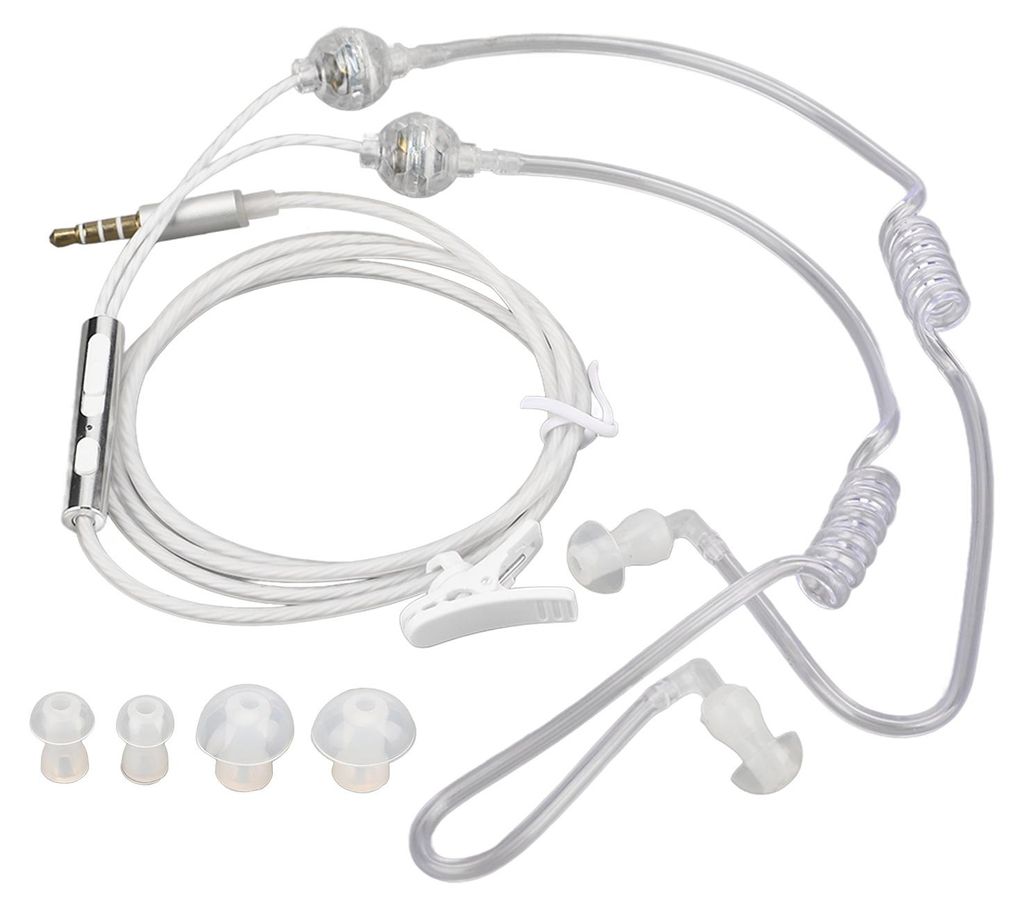 A white, coiled air tube headset with a 3.5mm jack and various earbud tips.