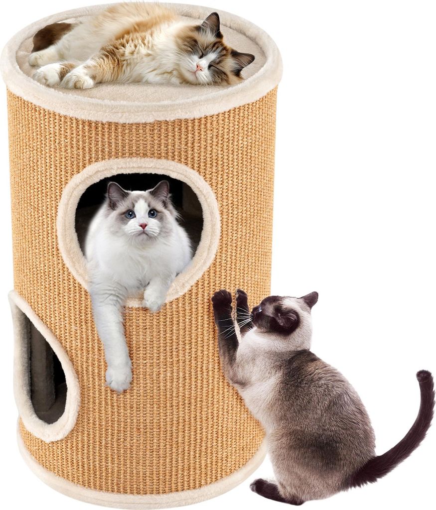 GOPLUS Kratztonne 3 Ebenen, 70 cm Katzentonne mit 3 Höhlen, Plüschbett, Liegefläche, Kratzbaum für kleine & mittelgroße Katzen, Ø 36 cm (Hell...