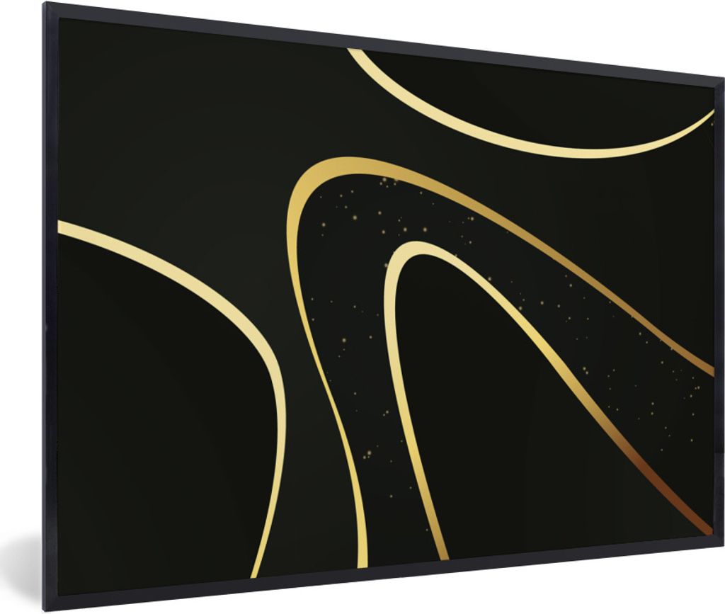 MuchoWow Gerahmtes Poster Goldene Wellen auf schwarzem Hintergrund 60x40 cm - Poster mit Schwarzem Bilderrahmen Wandposter Rahmen Foto Bilder - P...