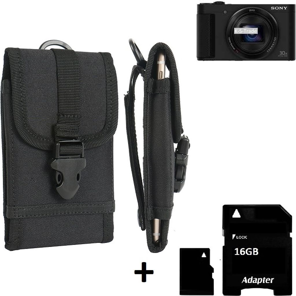 K-S-Trade Kameratasche Gürteltasche kompatibel mit Sony Cyber-shot DSC-HX90 Outdoor Gürtel Tasche für Kompaktkamera + 16GB Speicherkarte Holster