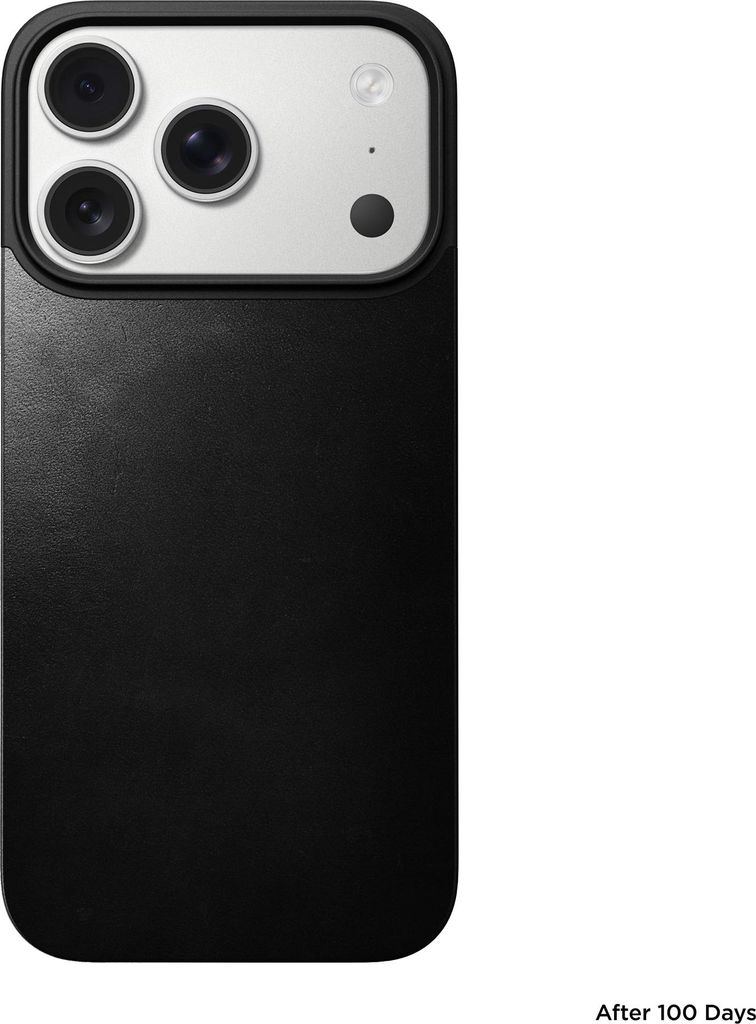 A black iPhone case with a silver camera module is shown against a white background.