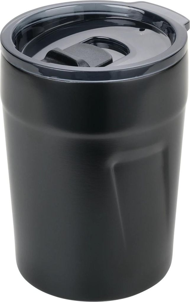 A black insulated tumbler with a lid.