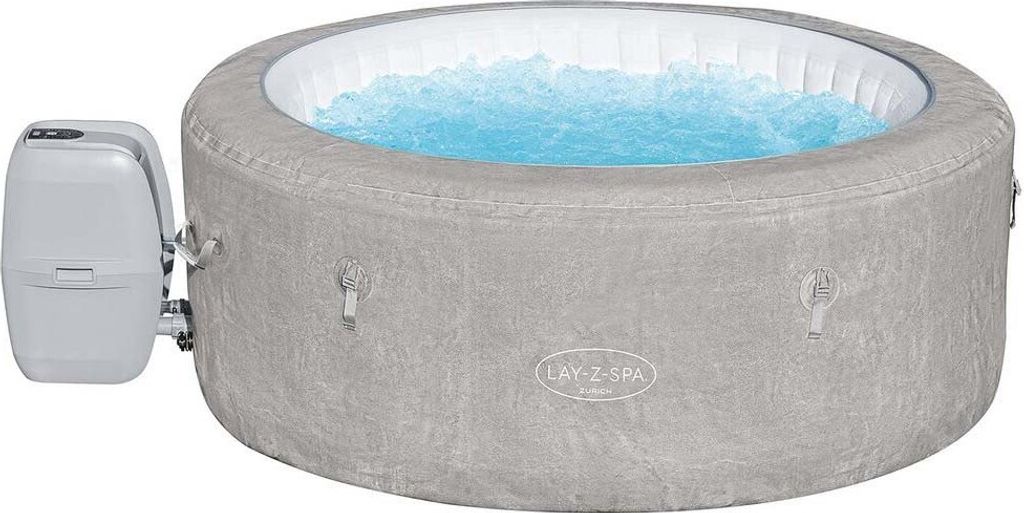 An inflatable hot tub filled with water, with a control unit attached to the side.
