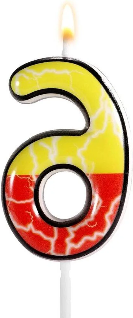Bougie chiffre 6 rouge et jaune style dessin animé pour gâteau 10cm