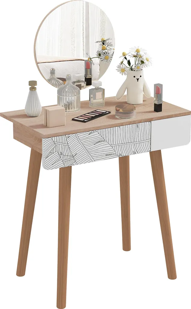Coiffeuse Scandinave pour Chambre avec Miroir Rond et Rangement Bijoux