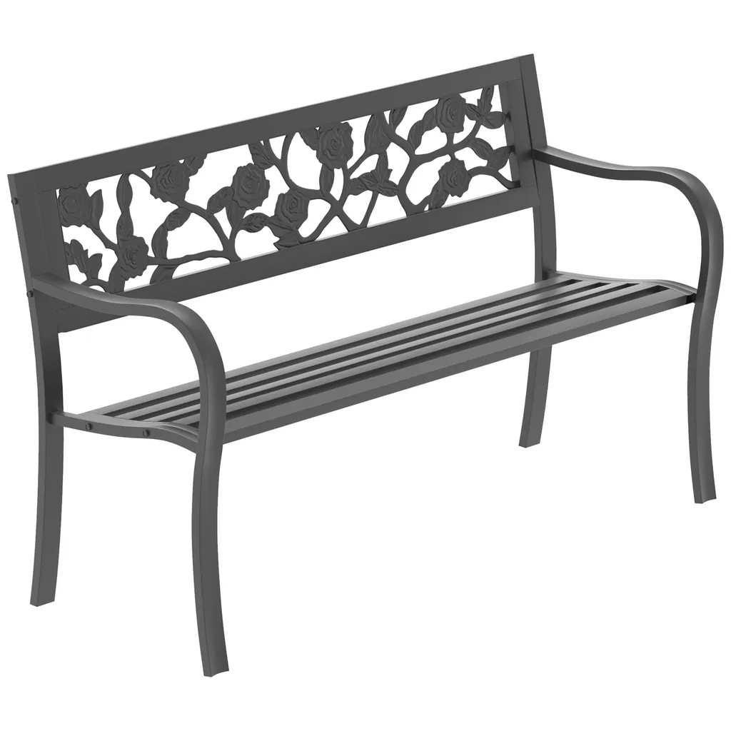 Banc de jardin extérieur en métal noir avec dossier motif rose décor