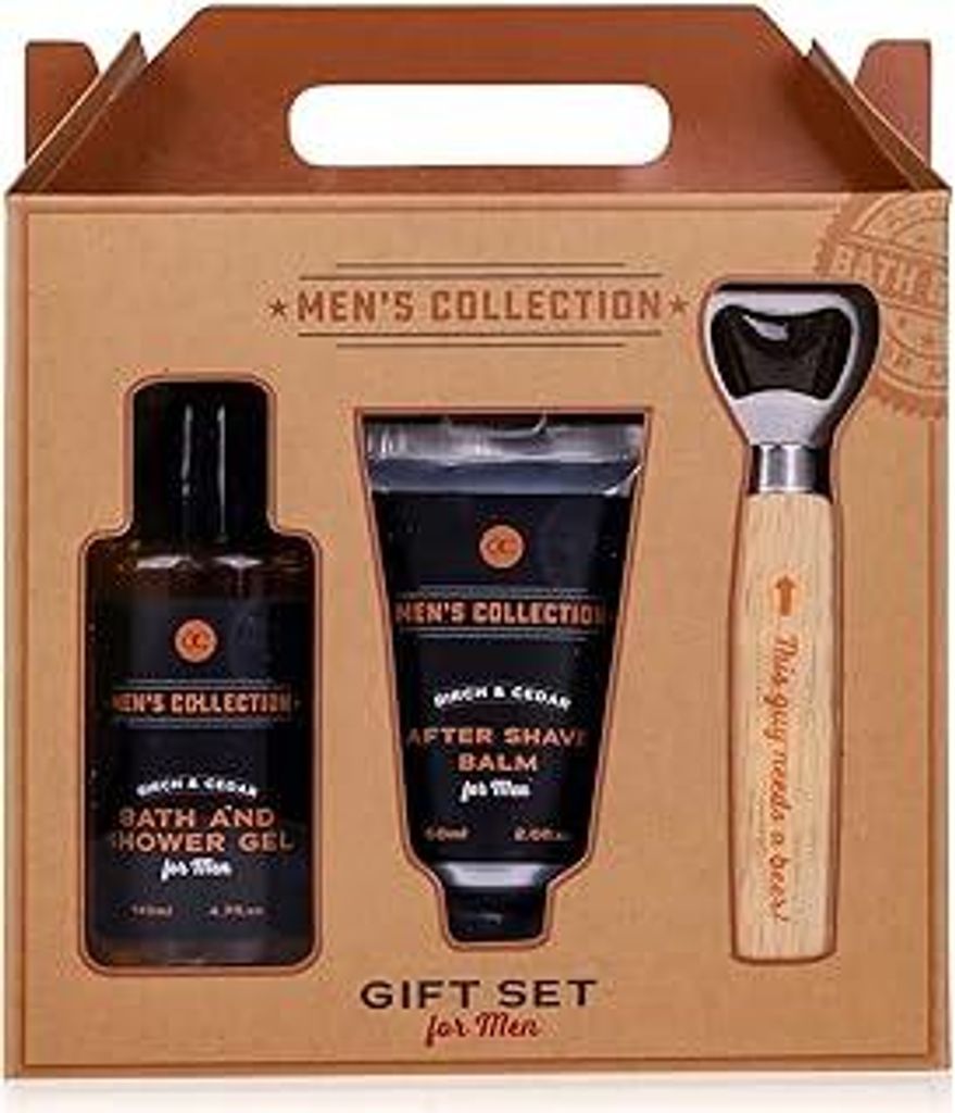 Geschenkset MEN'S COLLECTION in Geschenkbox aus Kraftpapier mit Griff, inkl. 140ml Badegel und Duschgel, 60ml After Shave Balsam und Flaschenöffne...