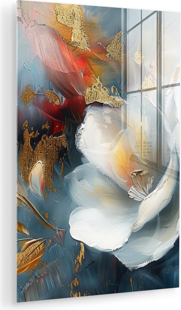 MuchoWow Glasbilder - Bilder auf Wandbild - Foto auf Glas Blumen - Weiß - Gold - Kunst - Abstrakt 20x30 cm Wanddekoration aus Glas - Acrylglasbild...