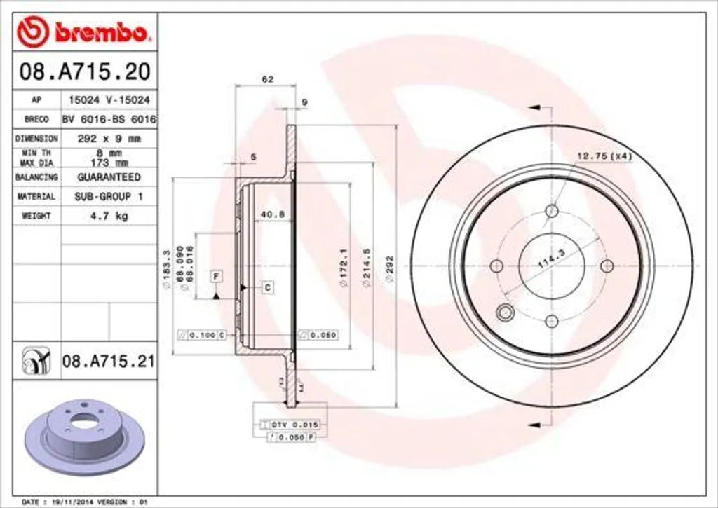 Disque de frein haute qualité Brembo 08.A715.21 anticorrosion Nissan 43206EW81B