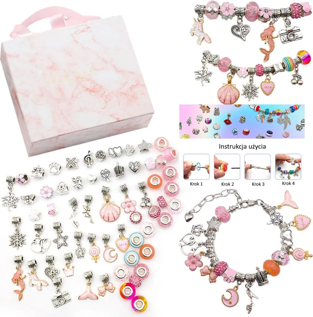 Kit de Fabrication Bracelets à Breloques Rose avec Perles et Pendentifs
