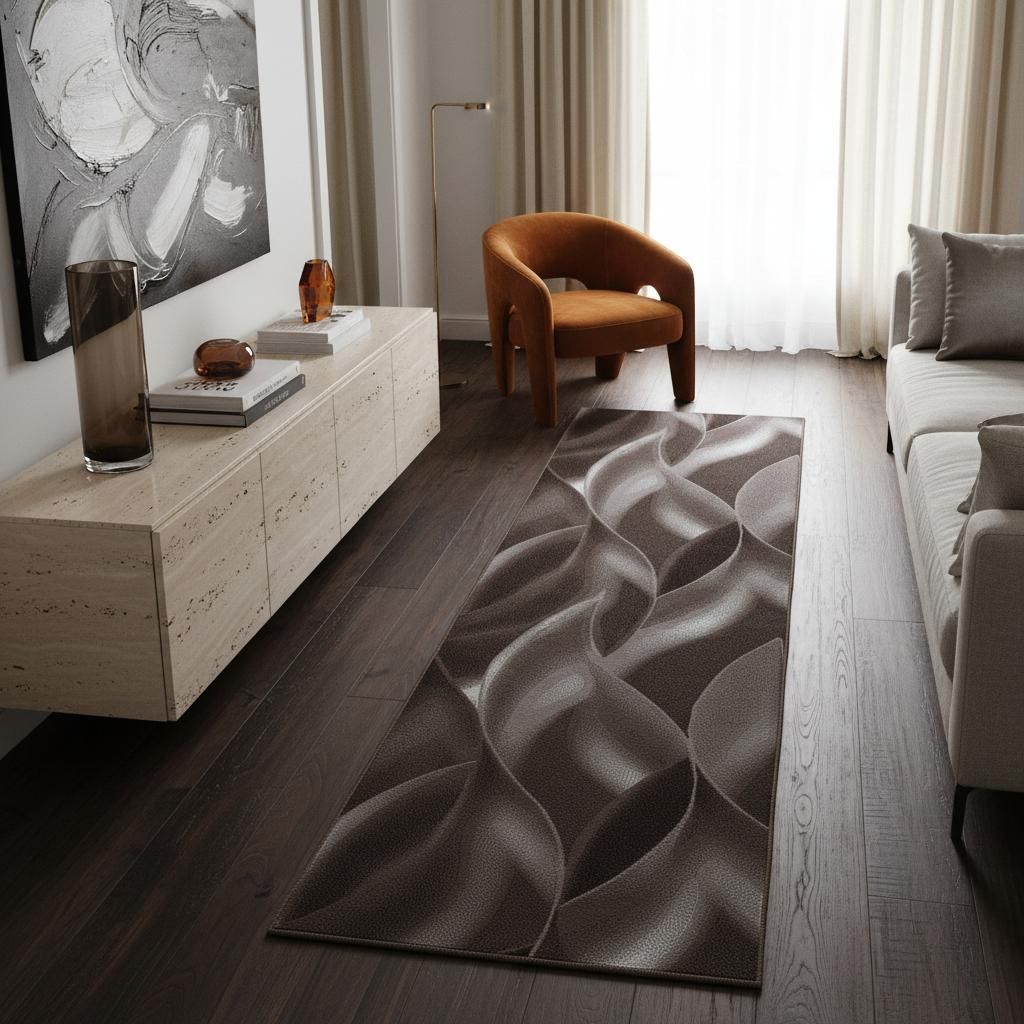 Moderner Teppich Wellenmuster Zeitlos Waschbar Strapazierfähig | Läufer Braun 80x300 cm Flur Saugroboter geeignet Gekettelt | INN – Kadima Design