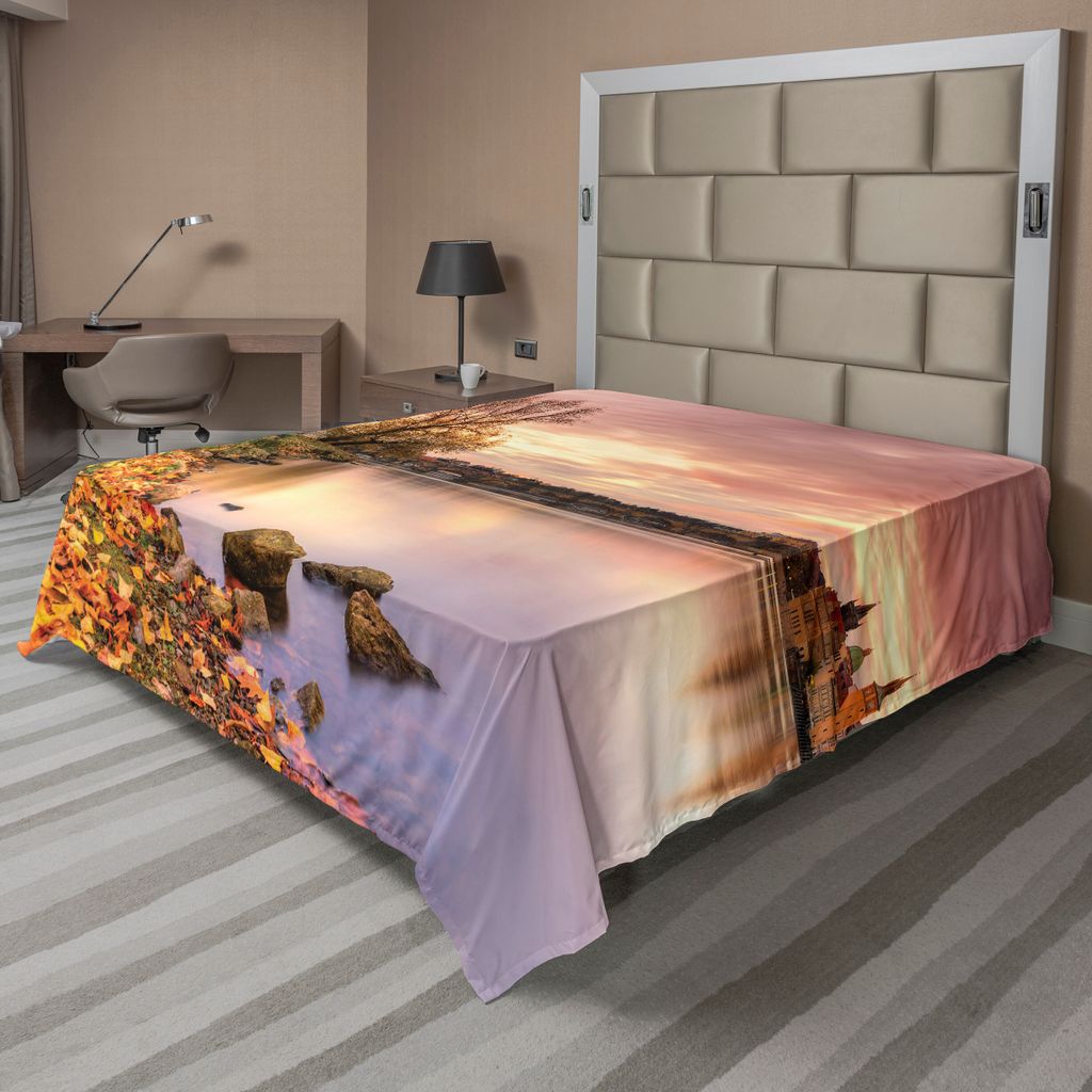 ABAKUHAUS Landschaft Bettlaken, Altstadtszene Durch Den Fluss Mit Gotiken Gebäuden Im Fall Sonnenuntergang, weiches bequemes oberes Bettlaken für...