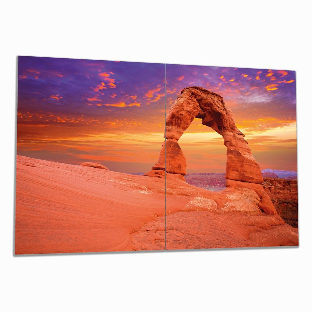 Wallario Herdabdeckplatte aus Glas, Größe 80 x 52 cm 2-teilig, Motiv Steinbogen vor einem farbenfrohen Himmel in lila-rot