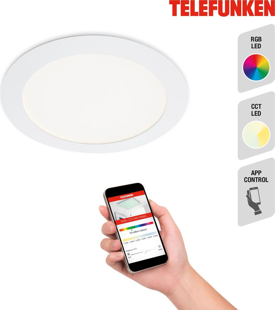 Telefunken VIRGO - Einbauleuchte - 309406TF - Smart WiFi App-Steuerung - RGB-Farbwechselsteuerung - CCT-Farbtemperatursteuerung - Sprachsteuerung möglich - IP23 - 25.000 Stunden - Ø17 x 2,4 cm