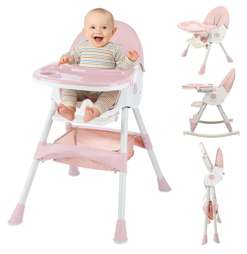 Chaise haute 3 en 1 rose avec plateau amovible pour bébé de 1 à 2 ans