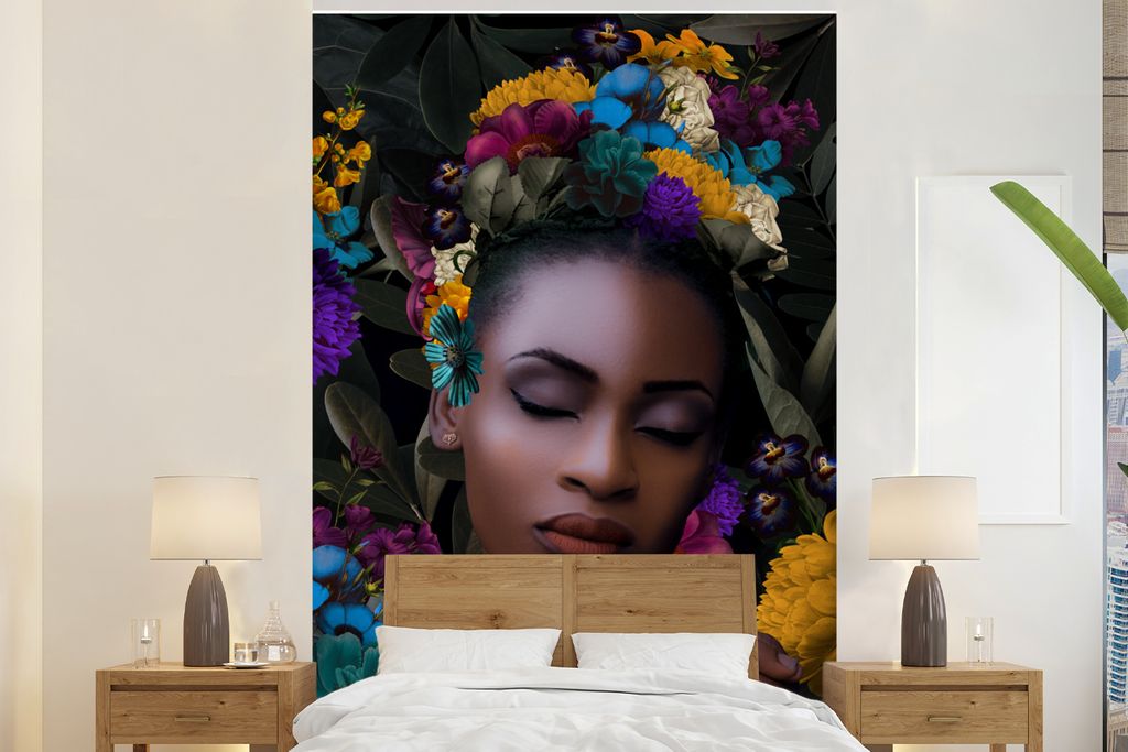 MuchoWow Fototapete für Wohnzimmer oder Schlafzimmer Wandtapete Vinyl Motivtapete Blätter - Frau - Blumen - 170x260 cm - Wohnzimmertapete